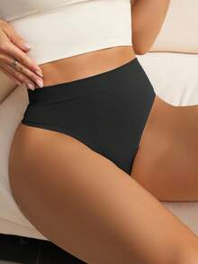 SHEIN 1 件女士无缝简约舒适丁字裤 - 黑色 - 查看 3