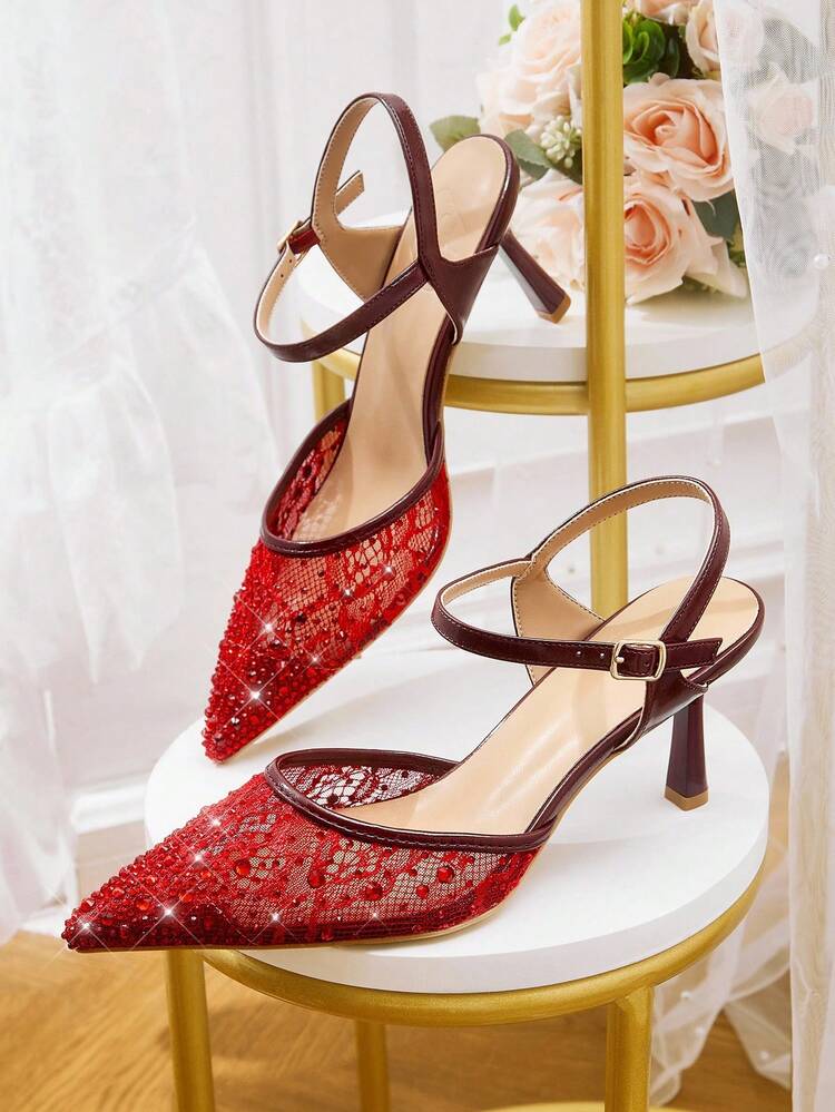 CUCCOO HITCHD Women's Pointed Toe High Heel Lace Rhinestone Elegant Party Evening Wedding Pumps Spring Shoes Spring Break Easter Prom Heels For Christmas