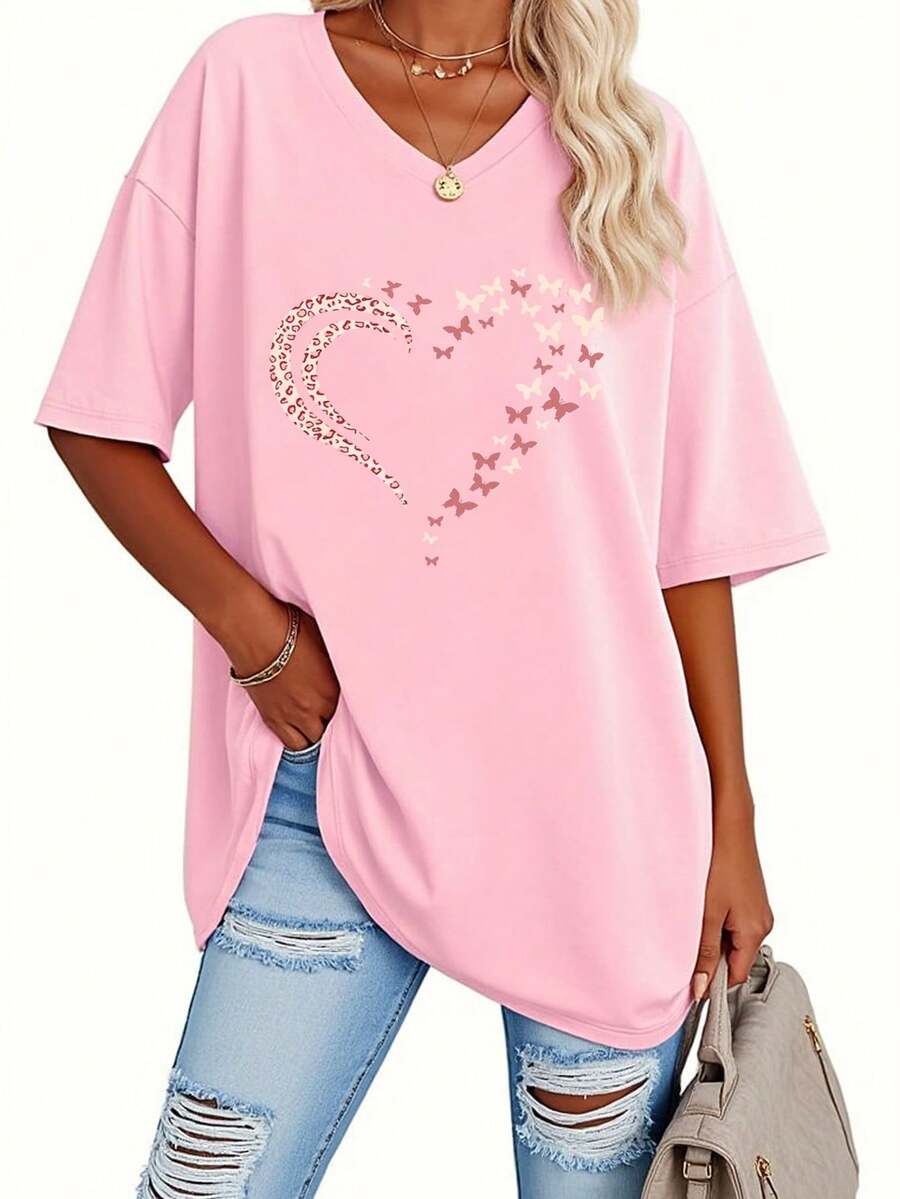 EMERY ROSE 来自欧美的春夏流行女式V领短袖宽松爱心T恤上衣。 - 玫紅色 - 查看 1