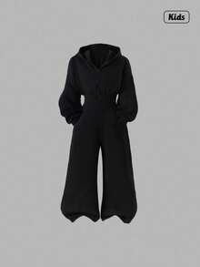 Sweetra 青少年女孩连帽拉链运动衫和高腰保暖衬里裤连体衣 - 黑色 - 查看 1