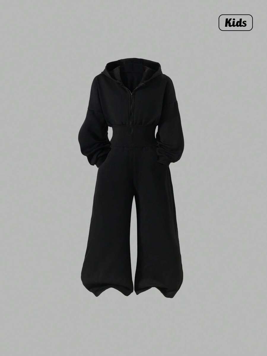 Sweetra 青少年女孩连帽拉链运动衫和高腰保暖衬里裤连体衣 - 黑色 - 查看 1