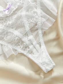 Romantic Lace Underwire Solid Color Bow Decor Sexy Bodysuit - White - View 4