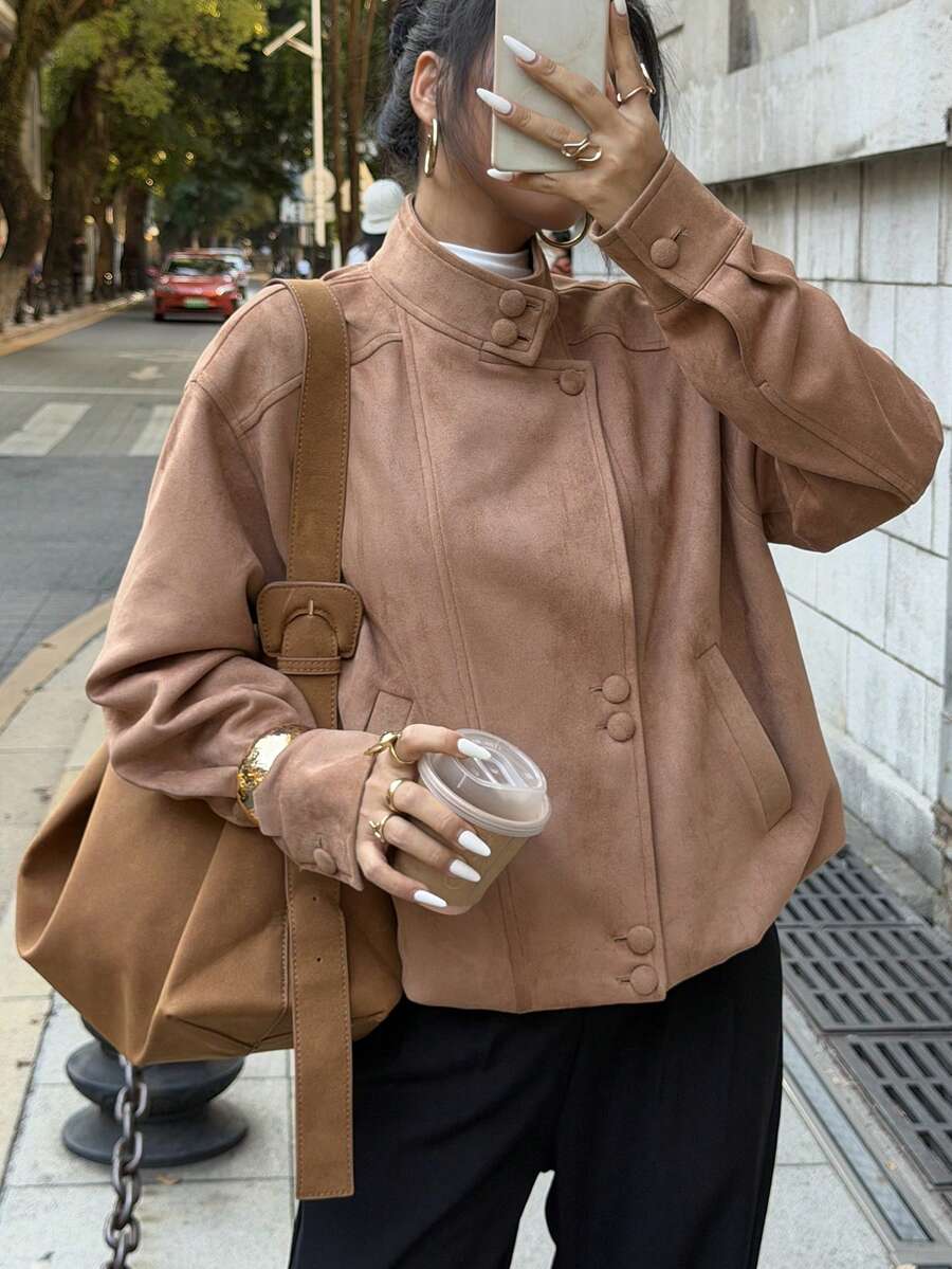 Elyressa 女士纯色前扣口袋休闲长袖常规外套 - 卡其色 - 查看 1