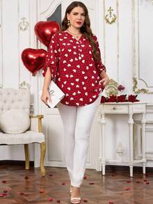 EMERY ROSE Áo kiểu nữ cỡ lớn Valentine mùa xuân, họa tiết chấm bi đỏ và trái tim, tay lửng màu đỏ tía, thích hợp cho kỳ nghỉ xuân, du lịch, đi chơi, mẫu mới năm 2026, đơn giản và thời trang cho mặc hàng ngày. - Đỏ - Xem 5