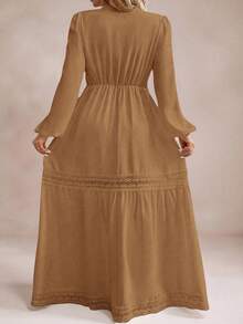 Freevana Plus Size Solid Color Lace Patchwork Ruffle Hem Long Sleeve Dress - Khaki - View 2