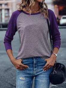 EMERY ROSE Colorblock Raglan Sleeve Tee Graphic Tees Women Tops - Purple - View 7