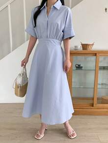 DAZY 女士翻领短袖收腰休闲优雅中长连衣裙 - 藍色 - 查看 7