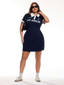Solavibe Plus Size Women Letter Print Polo Collar Short Sleeve Casual Dress,New Year Dress,Casual Dresses For Women,Casual Dresses,Casual Outfit For Women,,Vacation, Plus Size Tshirt Dress, Navy Blue Plus Size Dress, Athletic Dress Plus Size, Polo Dress, - Navy Blue - View 2