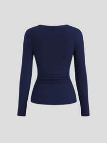 Sweetra Kaos Lengan Panjang Wanita Warna Polos dengan Hiasan Renda Lubang-lubang Kecil, Manset Setengah Terbuka, Musim Gugur - Navy Blue - View 2
