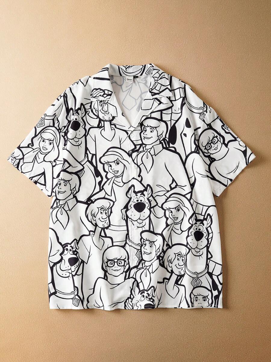 SCOOBY-DOO X SHEIN 男士卡通人物图案休闲短袖衬衫 - 黑與白 - 查看 1