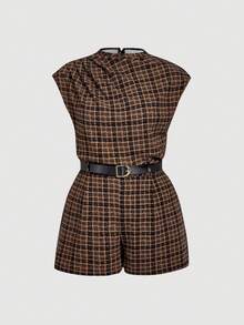 SHEIN MOD 大码女式高领纯色口袋连体裤，配腰带。复古格子短款连体裤，米白色。适合返校季、教师装、商务休闲场合。 - 棕色 - 查看 5