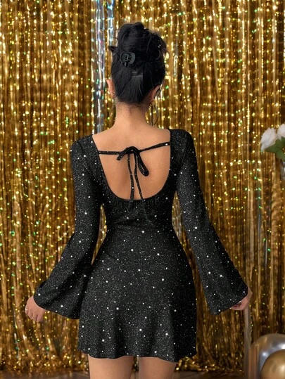 Aloruh Women's Casual Sexy Fashionable Open Back Lace-Up Long Sleeve Mini Dress, Suitable For Autumn/Winter, Party Occasions, Rhinestone Print,Elegant Dresses For Women ,Sparkly Dress,Glitter Dress ,Black Dress