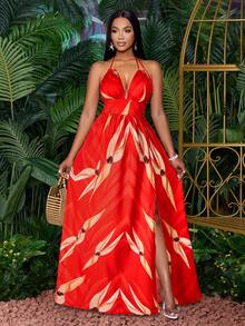 SOLERSUN 女士休闲假日深V领露背褶皱开衩大腿植物印花长裙 - 紅色 - 查看 6