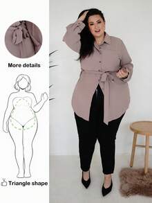 Truni Plus Size Women's Solid Color Long Sleeve Single-Breasted Casual Pocket Shirt, For Pear Triangle Body Shape - Khaki - View 1