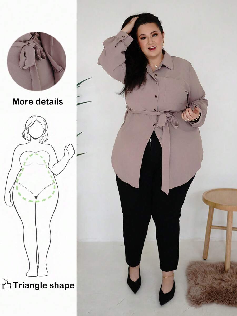 Truni Plus Size Women's Solid Color Long Sleeve Single-Breasted Casual Pocket Shirt, For Pear Triangle Body Shape - Khaki - View 1