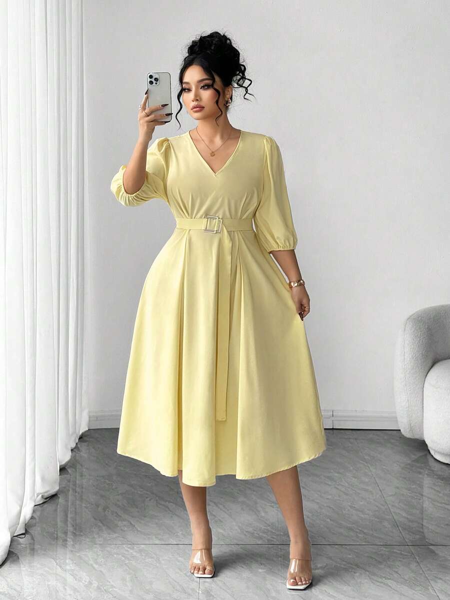 Elenzga 大码女式纯色米黄色简约系带V领灯笼袖褶皱A字中长连衣裙，适合工作、办公室、度假和浪漫场合，春秋季商务休闲优雅正式连衣裙 - 淡黃色 - 查看 1