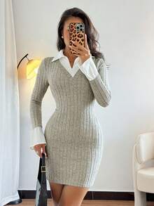 Rafferiza 女士黑色二合一紧身性感优雅磨毛罗纹修身迷你连衣裙，秋冬款 - 杏色 - 查看 3