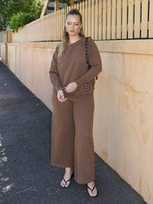 Arliah Damen Einfarbiger Rundhals Raglanärmel Langarm Pullover und Kordelzug Taille Strickjose Freizeitanzug