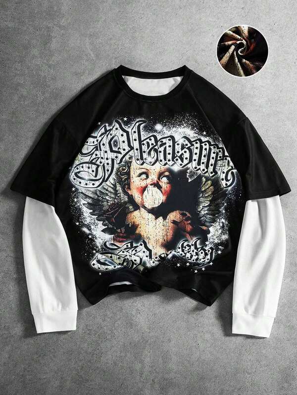 PAVTROS 年轻相机图案撞色拼接长袖T恤，街头风，宽松版型，男士，情侣款，图案，我爱我的男朋友，朋友，情侣装，男朋友款，二合一