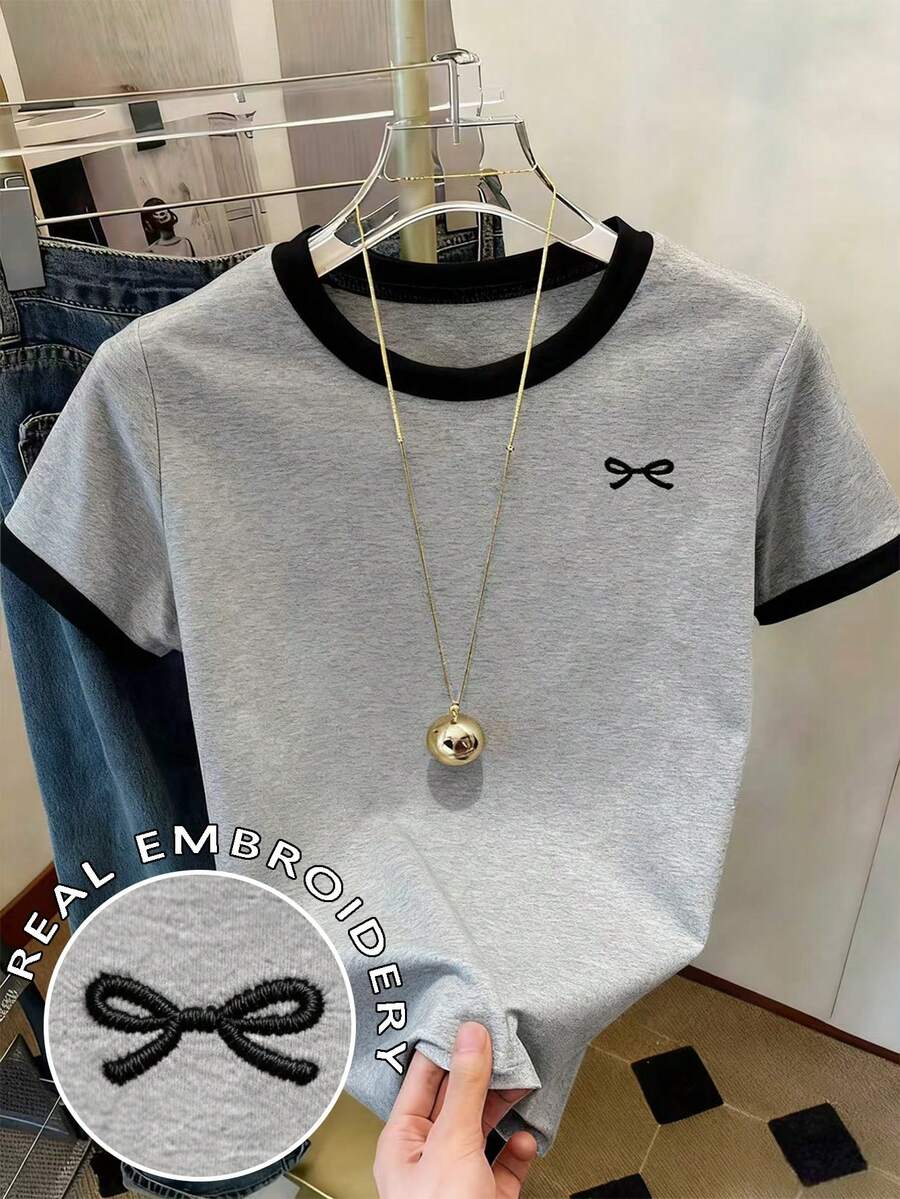 Resyla 女士刺绣领结修身短袖T恤 - 灰色 - 查看 1