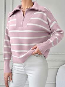 Suéter holgado de punto casual con cremallera y hombros caídos a rayas para mujer - Rosa Pálido - Ver 4