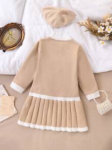 SHEIN Playful Pals 小女孩可爱小熊提花针织圆领A字连衣裙，饰有手工蝴蝶结，褶裥下摆，适合外出、旅行和居家穿着。 - 卡其色 - 查看 2