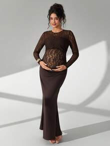 Cheriluna Maternity Solid Color Lace Long Sleeve Long Ruffle Mermaid Hem Maternity Photography Dress - Brown - View 7