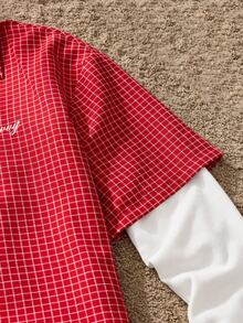 Manfinity Unisex Completo casual da uomo con camicia a maniche corte con stampa di lettere e plaid e pantaloncini monopetto - Rosso - Visualizzare 5