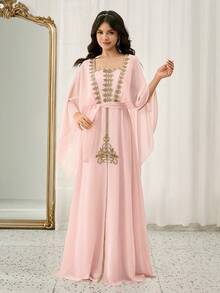 Lace Embroidered A-Line Dress With Shawl Collar, Waist Cinched, Suitable For Weddings, Proms, Birthdays, Parties, Valentine's Day - Pink - View 1