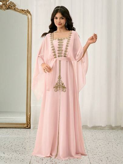 Lace Embroidered A-Line Dress With Shawl Collar, Waist Cinched, Suitable For Weddings, Proms, Birthdays, Parties, Valentine's Day