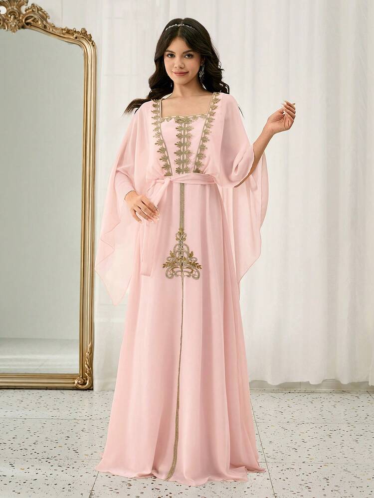 Lace Embroidered A-Line Dress With Shawl Collar, Waist Cinched, Suitable For Weddings, Proms, Birthdays, Parties, Valentine's Day - Pink - View 1