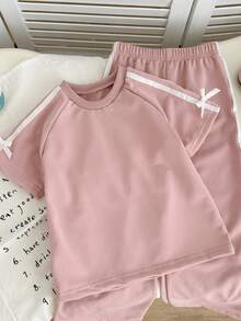 Genkimix Kids 2件套女童蝴蝶结装饰休闲短袖T恤+蝴蝶结装饰休闲直筒裤套装 - 粉色 - 查看 7