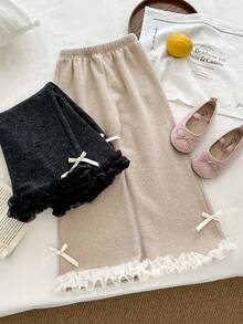 Genkimix Kids 2pcs Genkimix Girls Bow Decor, Ruffle Trim Casual Solid Color Flare Pants - Black and White - View 7