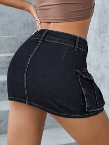 SHEIN ICON 纯色口袋修身纽扣牛仔迷你裙 - 霧霾藍 - 查看 2