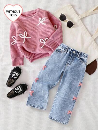 SHEIN Playful Pals Young Girls Blue Washed Denim Jeans With Cute Bow Patches Straight Leg And Pockets Long Casual Everyday Wear Girl Jeans Set Cute Jeans For Kids Jeans With Bows Kids