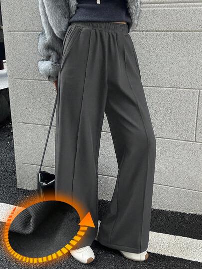 DAZY 女士保暖内衬纯色直筒弹力腰休闲裤，适合秋冬季通勤穿着