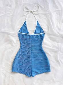 Soleia 女士休闲度假新款V领露背系带蝴蝶结镂空黑白撞色滚边修身罗纹连体裤，适合派对、约会、下午茶、海滩等多种场合。 - 藍色 - 查看 2