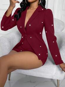 手工串珠开衩设计女士长袖西装外套和短裤性感套装 - 酒紅色 - 查看 5