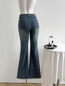 Elamini 时尚复古铆钉水洗喇叭牛仔裤 - 深色水洗藍 - 查看 2