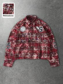 ROMWE MEN Men's Distressed Plaid Shirt With Sparkling Rhinestones, Loose Fit - Burgundy - View 1