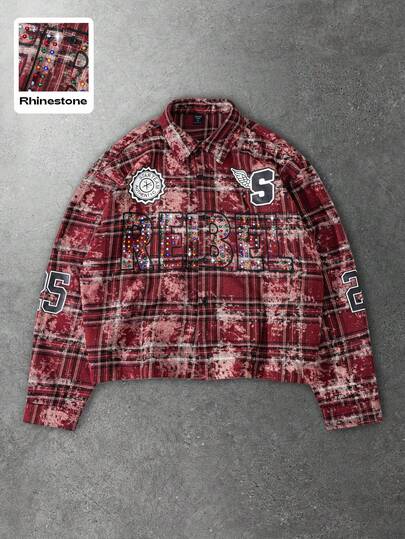 Camisa a cuadros desgastada con brillantes rhinestones para hombre, corte holgado