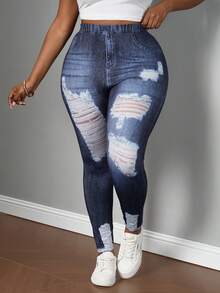 SHEIN PETITE CURVE Plus Size Casual Retro Loose Denim Print Pattern Leggings, Suitable For Autumn/Winter - Blue - View 4