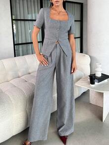 Lavishia Women's Elegant Square Neck Design Gray Pant Suit,Summer Holiday Outfits Office Wide Leg Pants Set,Casual Two Piece Set Clothes - Grey - View 4