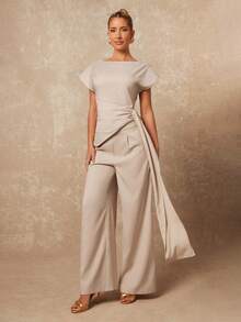 Lumalex Early Spring Asymmetric Neck Ruched Cinching Waist Tie Loose Straight Leg Women's Suit Set PreSpring Vacation Birthday Outfits Wedding VDayGiftGuide RomanticVDayOutfit Guest Wedding VDayGiftGuide RomanticVDayOutfit Party Summer Holiday Beach Outfits Luxury Look LuxeLooks QuietLuxe Prom Gathering Party Banquet Modest Old Money Coquette Rave Festival Richly Layered Party - Khaki - View 1
