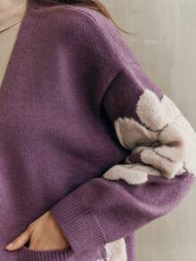 Anewsta 法式复古优雅宽松提花花卉开衫，中长款，秋冬款 - 紫色 - 查看 3