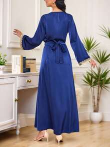 INAWLY Váy Maxi Tay Dài Cổ Chữ V Phối Ren Chắp Vá Thanh Lịch Màu Xanh Navy - Xanh đậm - Xem 2