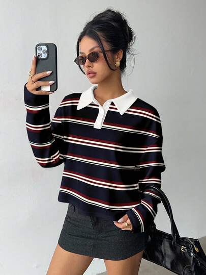  Aloruh 女士秋冬卫衣 Polo 衫二合一卫衣 红蓝条纹学院风复古 Y2K 休闲上衣