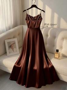 SHEIN Franclia 女士优雅缎面珍珠吊带裙，A 字廓形，适合通勤、派对和活动 - 咖啡棕 - 查看 2