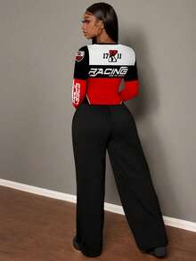 Slaydiva 女式休闲直筒运动裤 + 长袖 T 恤 2 件套/适合秋冬/Y2k 服装/街头服饰/女式两件套/返校/休闲街头/适合嘻哈/F1 赛车图案 - 彩色 - 查看 2