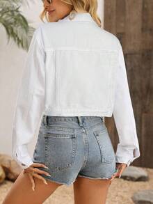 SHEIN Teen GirlWhite Denim Lapel Long Sleeve Cropped Jacket